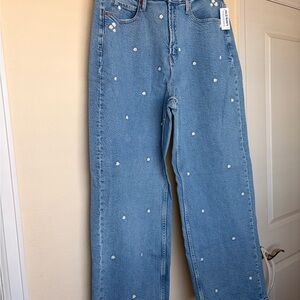 Old Navy Light Blue Extra High-Rise Wide Leg Jeans with White Daisy Embroidery